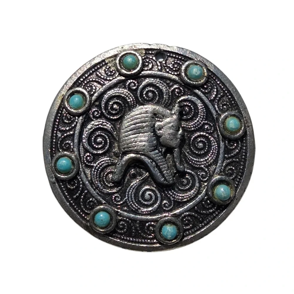 Vintage 1985 Egyptian Revival Headdress Pendant Turquoise Accents Embossed Metal